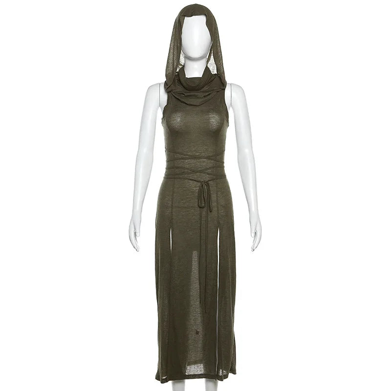 Summer 2023 Sexy European And American Style Sleeveless Hooded Dress Long Split Hollow out Pure Color Women's Gown