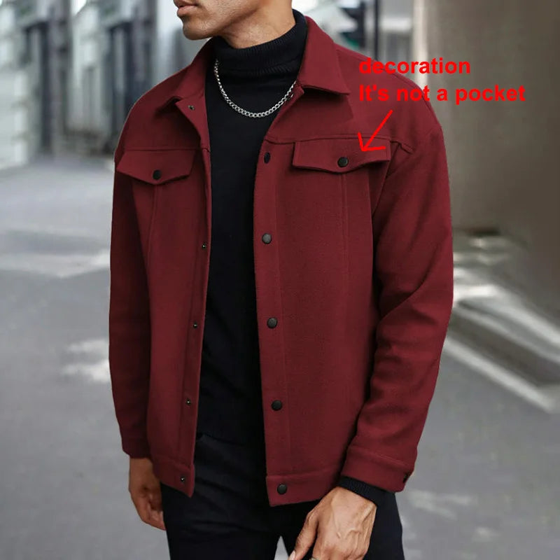 Men's Polyester Brushed Jacket, Lapel Button/Zipper Coat with Pocket, Comfortable Casual Autumn Winter Office Business Wear