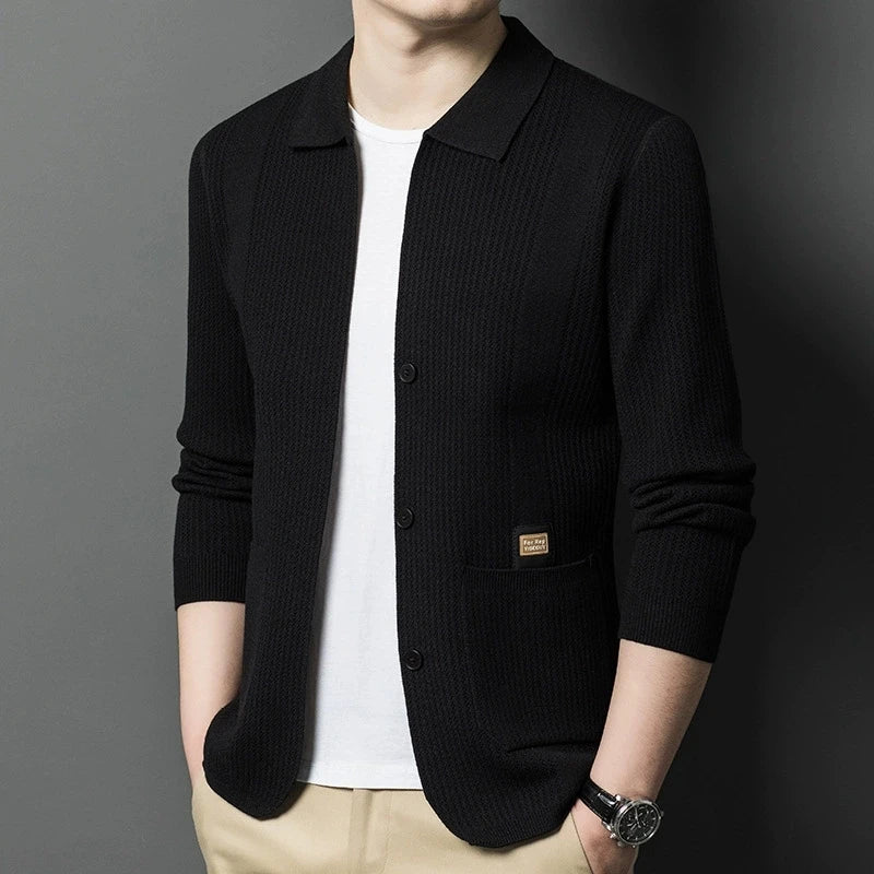 High-Quality Men's Knitted Cardigans Solid Color Simple Business Lapel Knitwear Coat Man Autumn New Long Sleeves Sweater Jacket