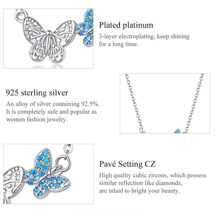 925 Sterling Silver Blue Zircon Flying Butterfly Necklace Women Birthday Gift Korean Style Fashion Jewelry Gift SCN384