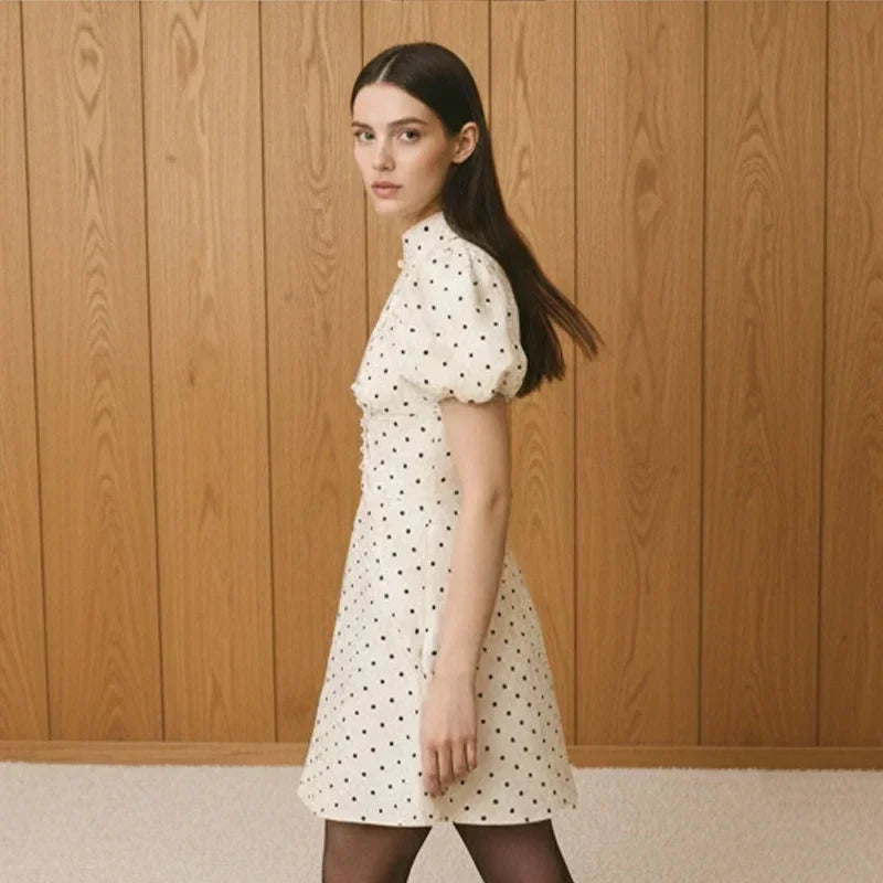 Retro Polka Dot Mini A-line Dress Elegant Stand Collar Puff Short Sleeve Waist-cinching Dresses 2026 New Lady Party Gowns