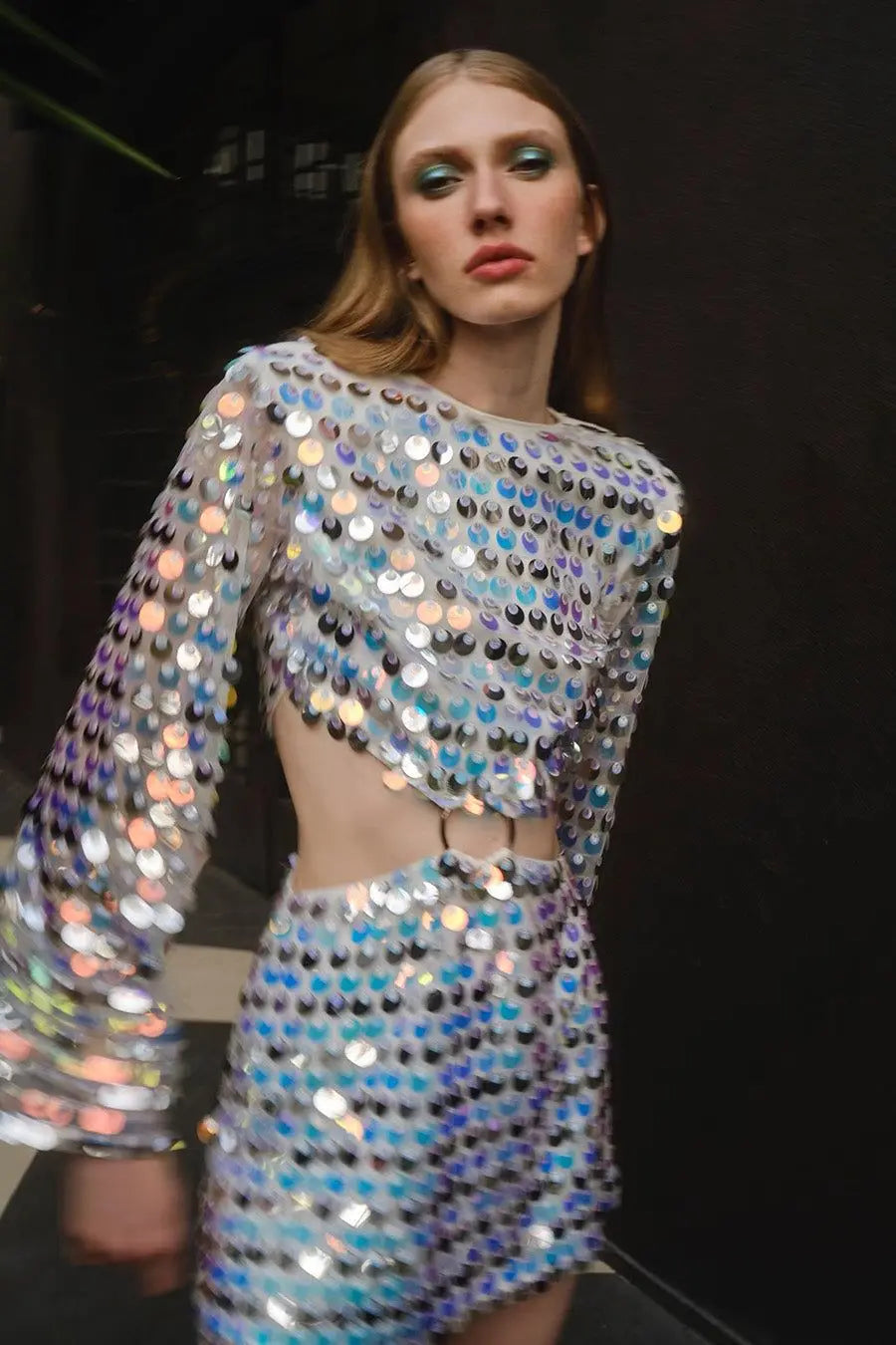 Shiny Sequins Dresses Women Sexy Flare Sleeve Slim Fit Hollow Out Mini Dress Elegant Sparkling Club Party Outfits Female