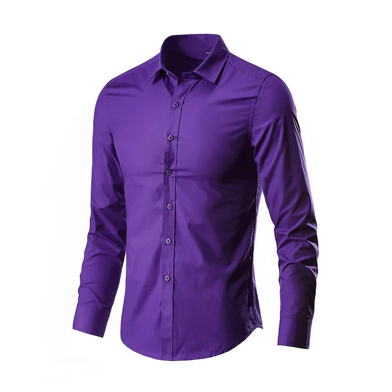 Men's Dress Shirt Elastic Spring Autumn Long Sleeve Anti-wrinkle Free ironing Business Without Pocket Soft Fashion Smooth Slim
