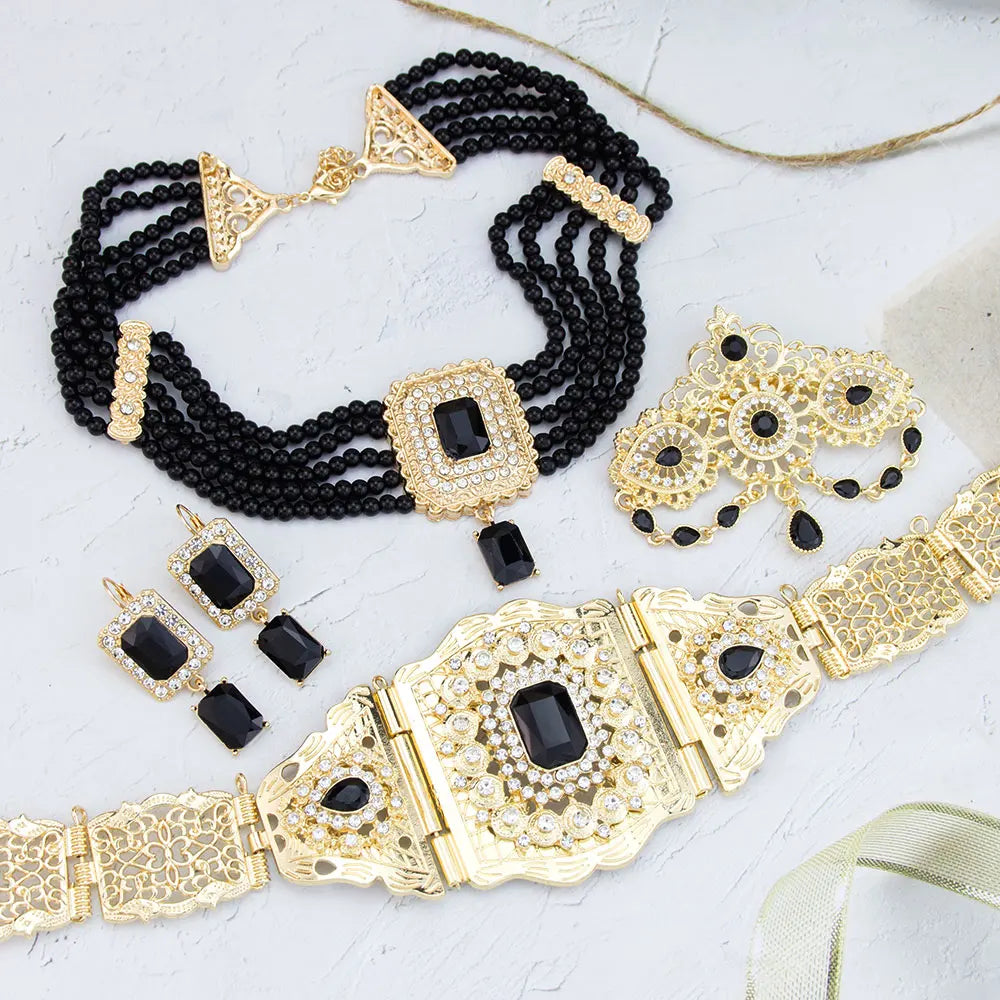 Chic Moroccan Bridal Jewelry Women Caftan Belt Waist Chain Bead Choker Necklace Crystal Earring Brooch Pin Gold Color