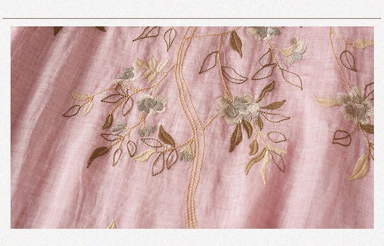 Summer New Hemp Dr Embroidered round Ne Five-Quarter Sve Fairy Beautiful Long Women's Dr New Chinese Sle