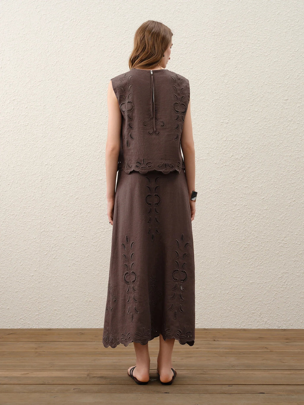 Summer Women Linen Two Piece Set Cut-Out Embroidered Sleeveless Top Midi Skirt Boho Beach Vacation Style