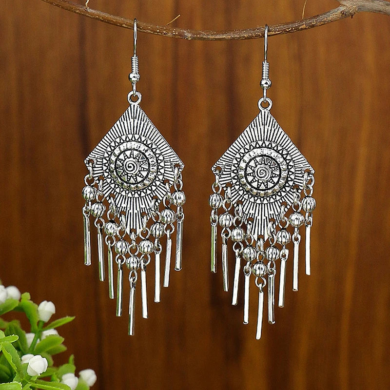 Vintage Bohemian Long Earrings For Women Big Statement Carved Geometric Tassel Boho Tibetan Silver Bronze Color Jewelry Earrings