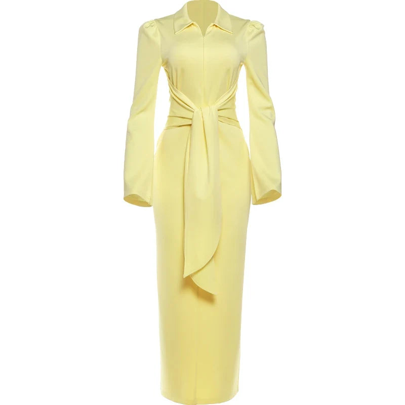 Sexy Maxi Dress Women Shoulder Padded Zip Wrapped Bandage Long Sleeve Slit Elegant Solid Office Simple Skinny Bodycon