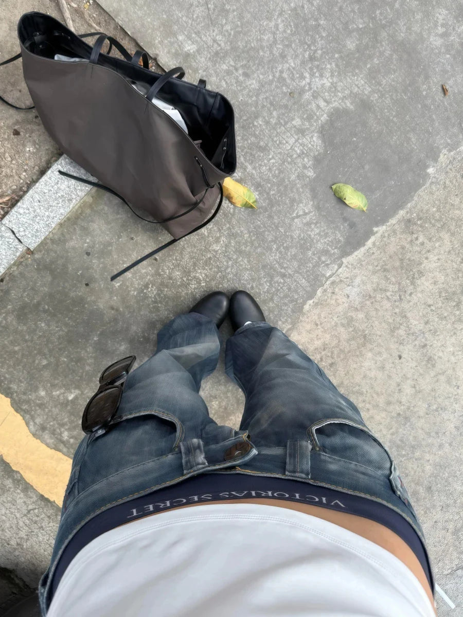 2025 Autumn Winter Women's Low Rise Denim Pants Vintage Simple Y2K Baggy Wide Fit Jeans Harajuku Cowboy Streetwear 2000s Japanes