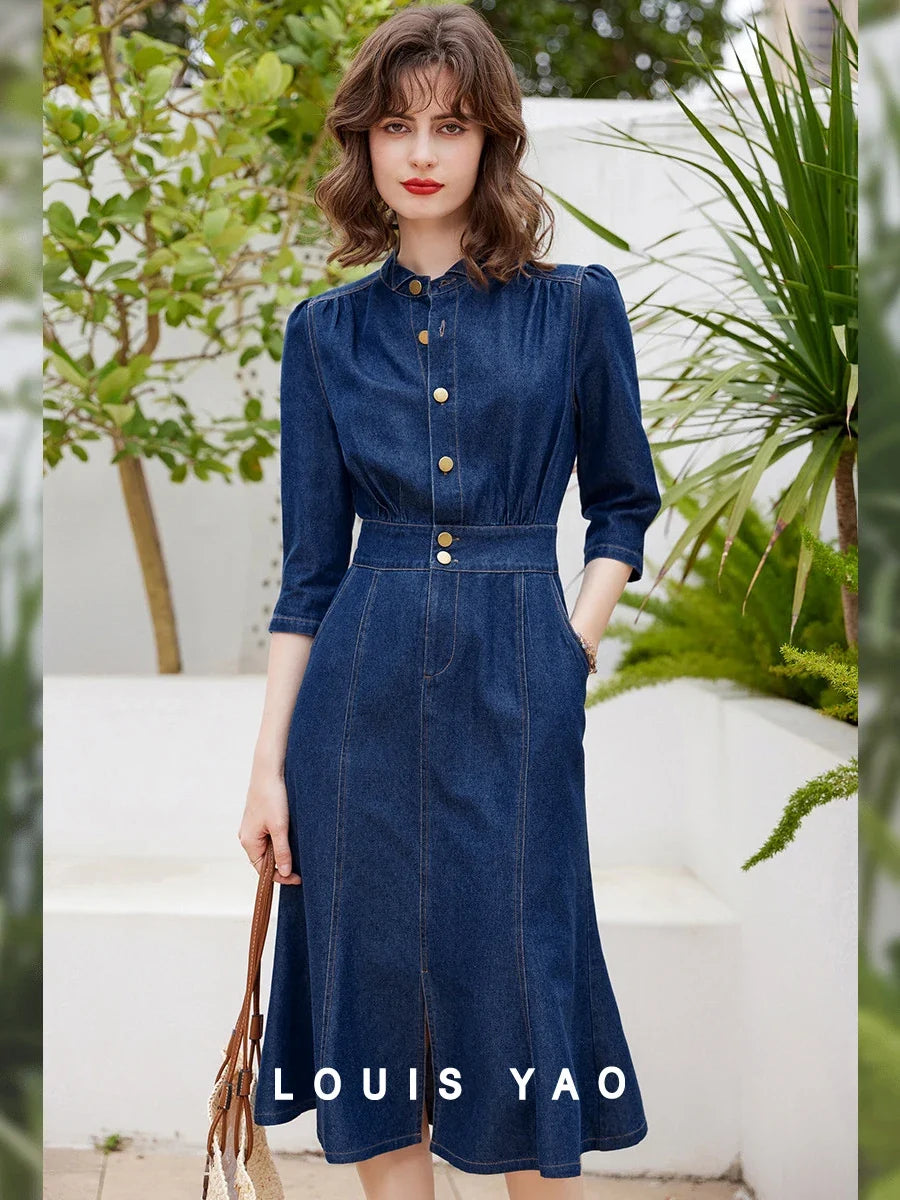 Women Denim Dress Retro Style Casual 2024 Spring Round Neck Three-quarter Sleeve Slim Fit A-line Fishtail Dress