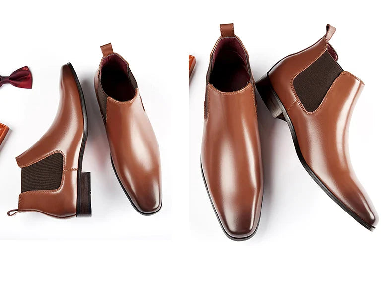 Elegant Simple Men Leather Boots Long Tip Square Toe British Chelsea Boots for Men Formal Business Luxury Shoes Spring Winter