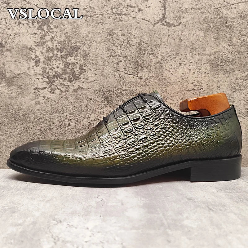 Luxury Men Oxford Shoes Green Black Croco Print Casual Mens Dress Shoes Lace up Wedding Office Genine Leather shoes men