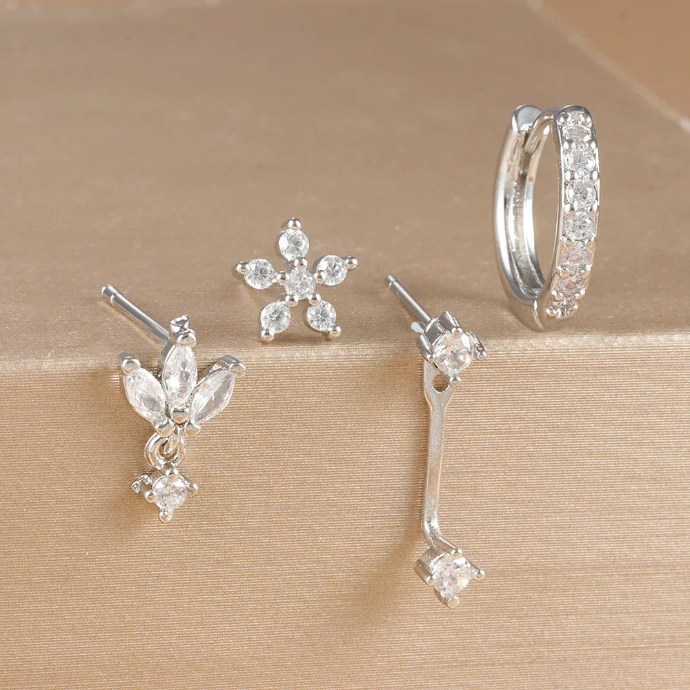 4PCS Stainless Steel Circle Huggie Hoop Earrings Set for Women Gold Color Unique Zircon Flower Stud Earring Piercing Jewelry