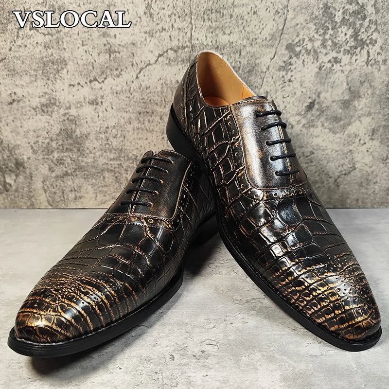 Luxury Brand Men Oxford Shoes Lace-up Crocodile Print Casual Men Classic Dress Shoes Banquet Party Leather Shoes For Men