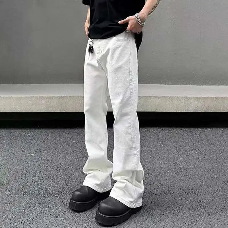 American Y2K Men's Jeans New Micro Flared Denim Pants Slim Fit Solid Color High Street Stylish Male Casual Trousers