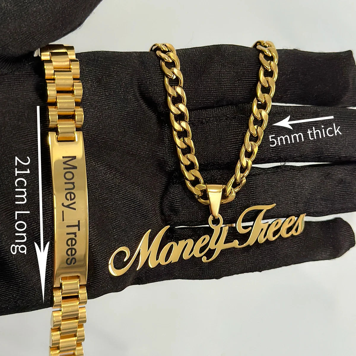 New Men's Name Bracelet Necklace Set Stainless 5mm Cuban Chain Large Nameplate Pendant Carved Name Bracelet Custom Set Jewelry