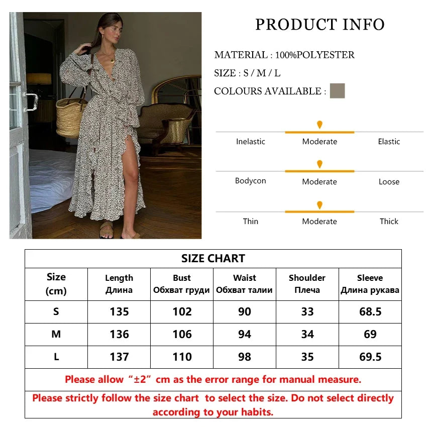 Clacive Fashion Loose Print Women's Dress 2025 Sexy V-Neck Long Sleeve Ankle Length Dresses Elegant Classic Ruffles Female Dress