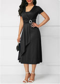 Elegant Women Solid Color Short Sleeve V Neck Asymmetric Hem Waist Tight Midi Party Dress Ladies Evening Vestidos DF4916