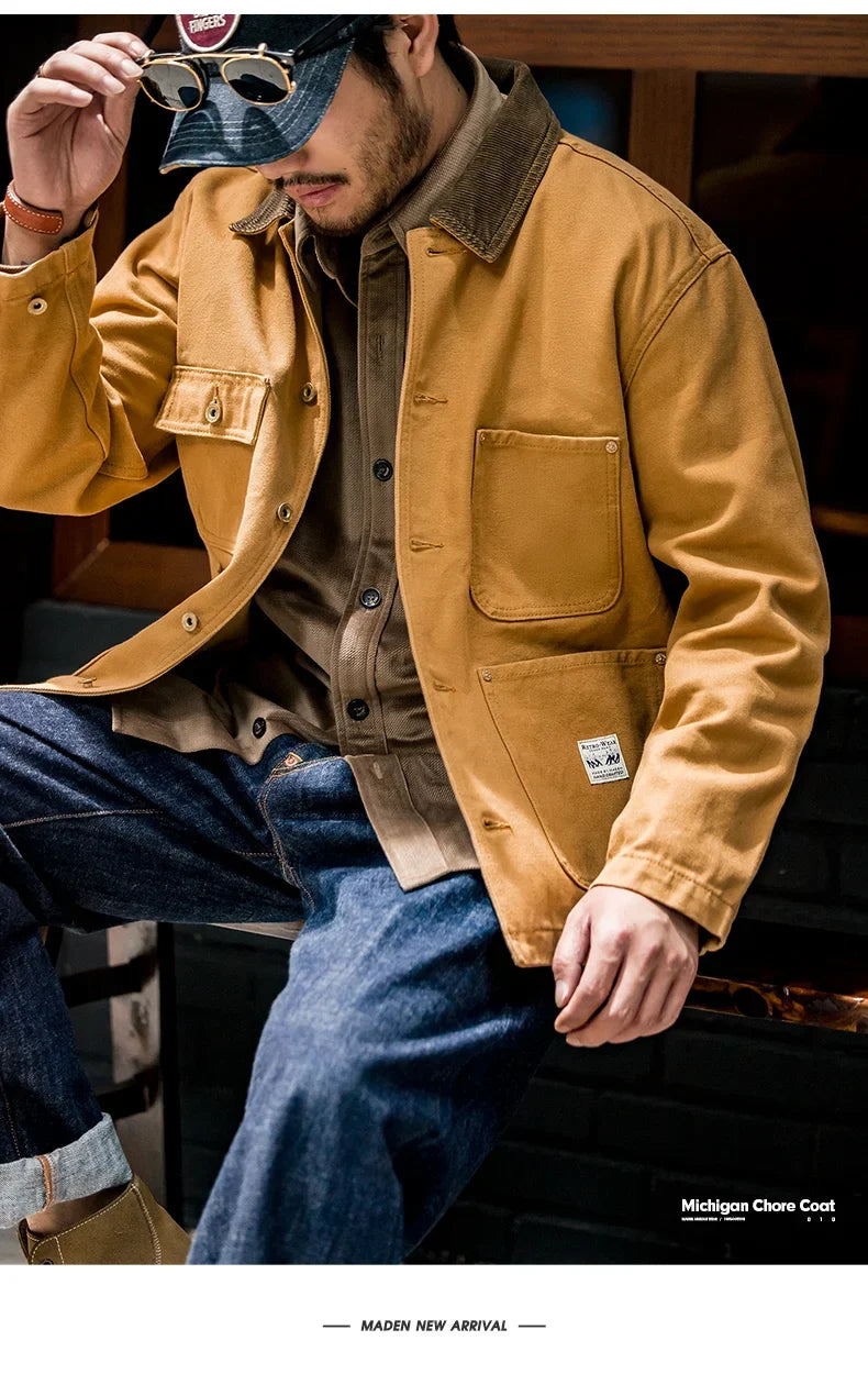 Vintage Heavyweight Michigan Chore Jackets Multi-Pocket Canvas Hunting Coat for Men's Spring Loose Lapel Collar Outwear