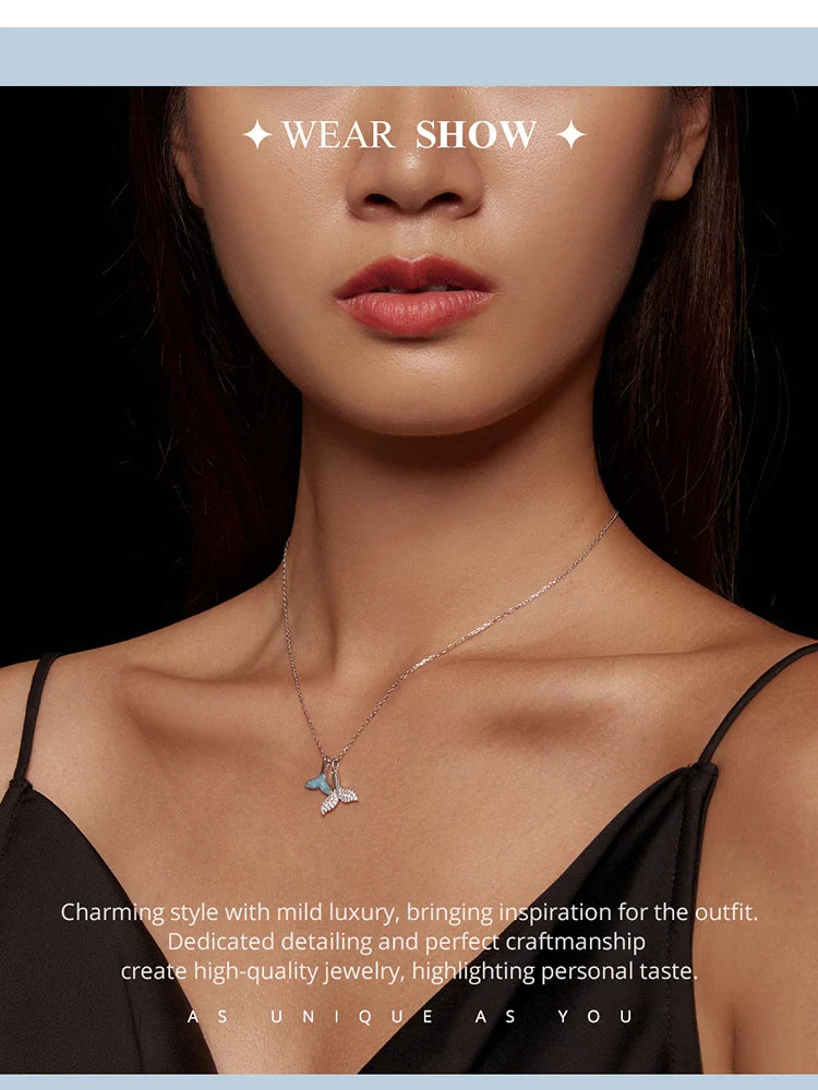 925 Sterling Silver Sky Blue Enamel Whale Tail Pendant Necklace Double Fish Tail Neck Chain for Women Fine Jewelry BSN294