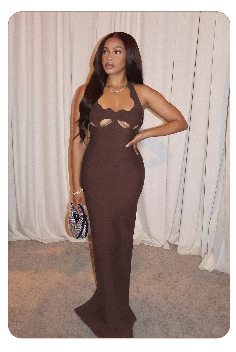 VC Black Halter Elegant Dress For Women 2025 New Summer Evening Party Celebrity Bodycon Long Dress Red Brown Prom Vestido