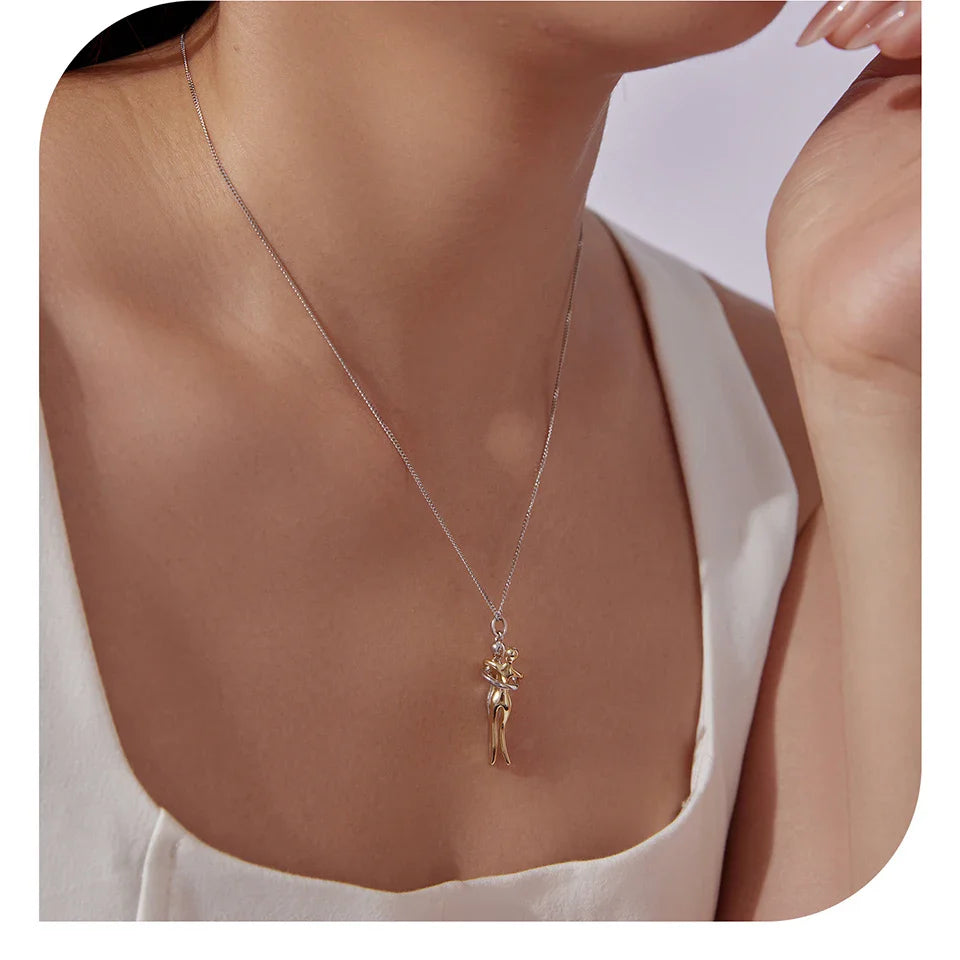925 Sterling Silver Two-tones Hug Necklace, Detachable Sweet Love Pendant with O-chain for Women Men DIY Couple Necklaces