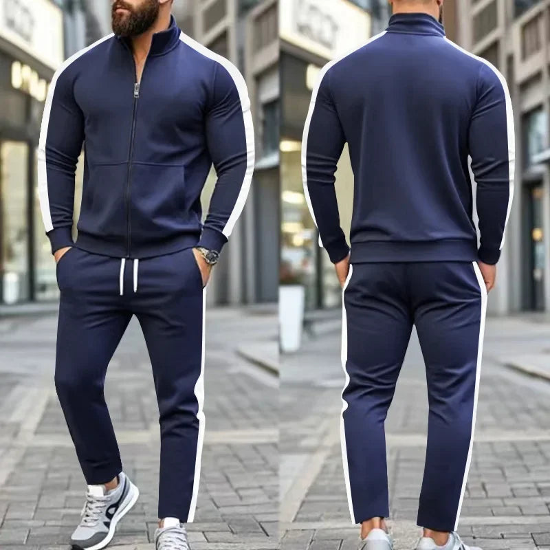 2025 Spring Autumn Men's 2-Piece Set Color Blocking Zipper Stand Collar Casual Sports Jacket Sweatshirt Trousers Suit