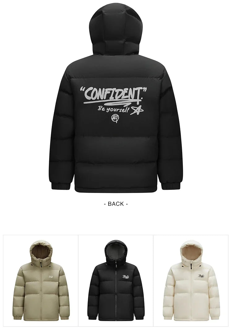 Down Jacket Men Winter 80% Down Fill Loose Hooded Outerwear Textured Street Trendy Letter Printed Top Men'S Clothing