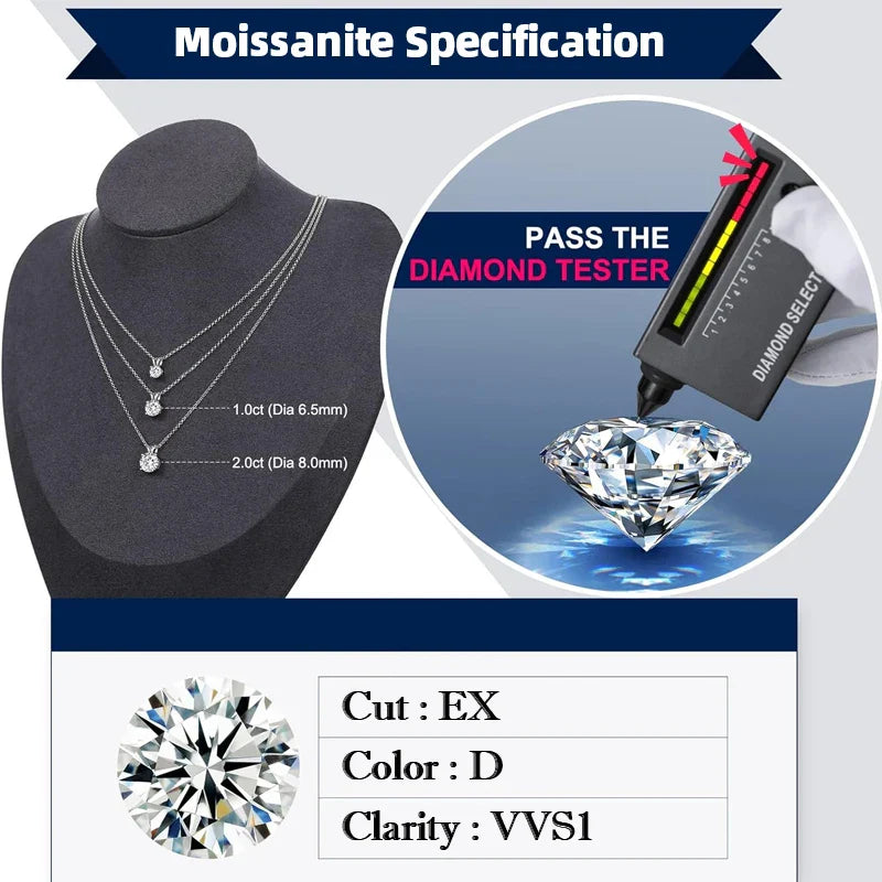 1 Carat Moissanite Pendant Necklace For Women High Quality 925 Sterling Silver Wedding Party Bridal Fine Jewelry 3 Colors