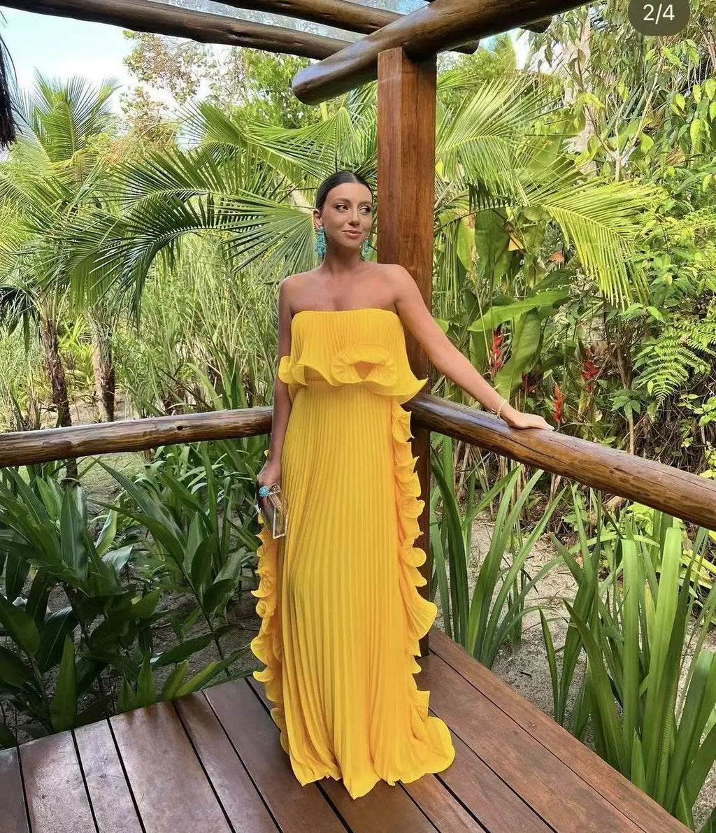 Trendy Women Summer Holiday Dress Orange Pleated Chiffon Long Formal Dresses Custom Made Ruffled Strapless Beach Party Dress