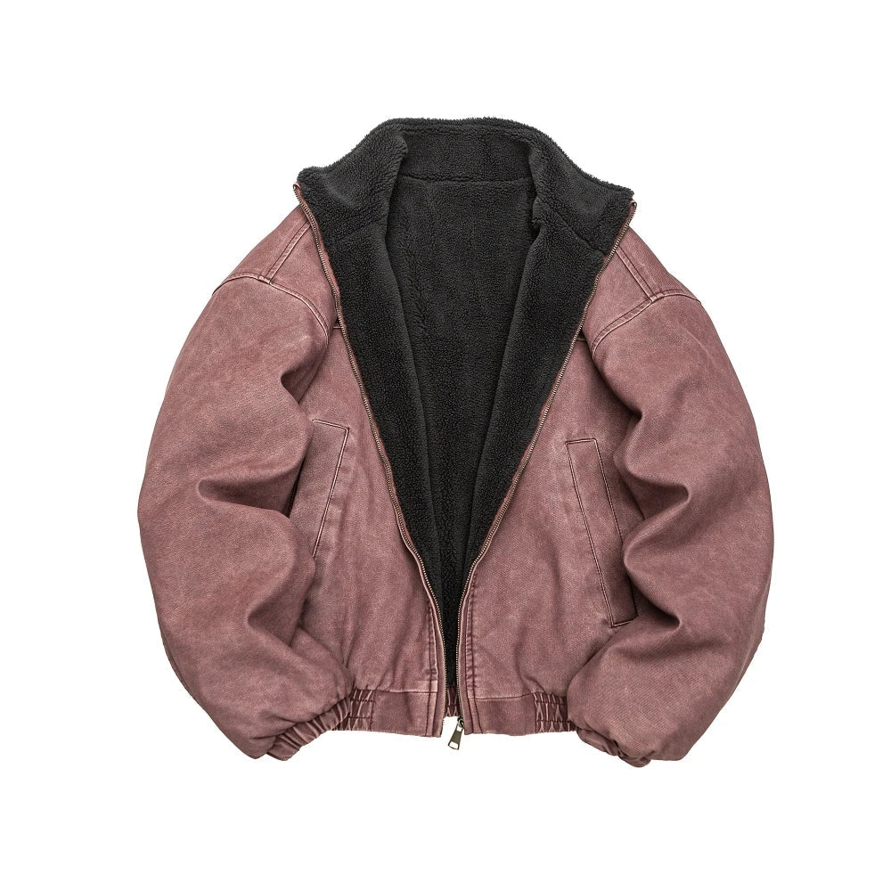 Winter Heavyweight Mens Jacket Japanese Vintage PU Coated Windproof Thick Fleece Lined Warm Distressed Streetwear Long Coat Male