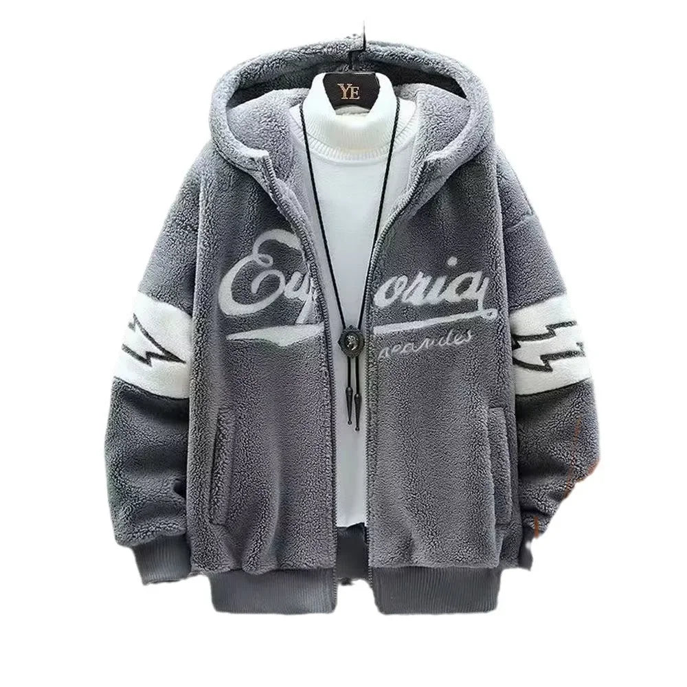 Lamb Velvet Fleece Lined Thickened Hoodie for Students Men's Casual Loose Fit Cotton Jacket Warm Outerwear Autumn Winter