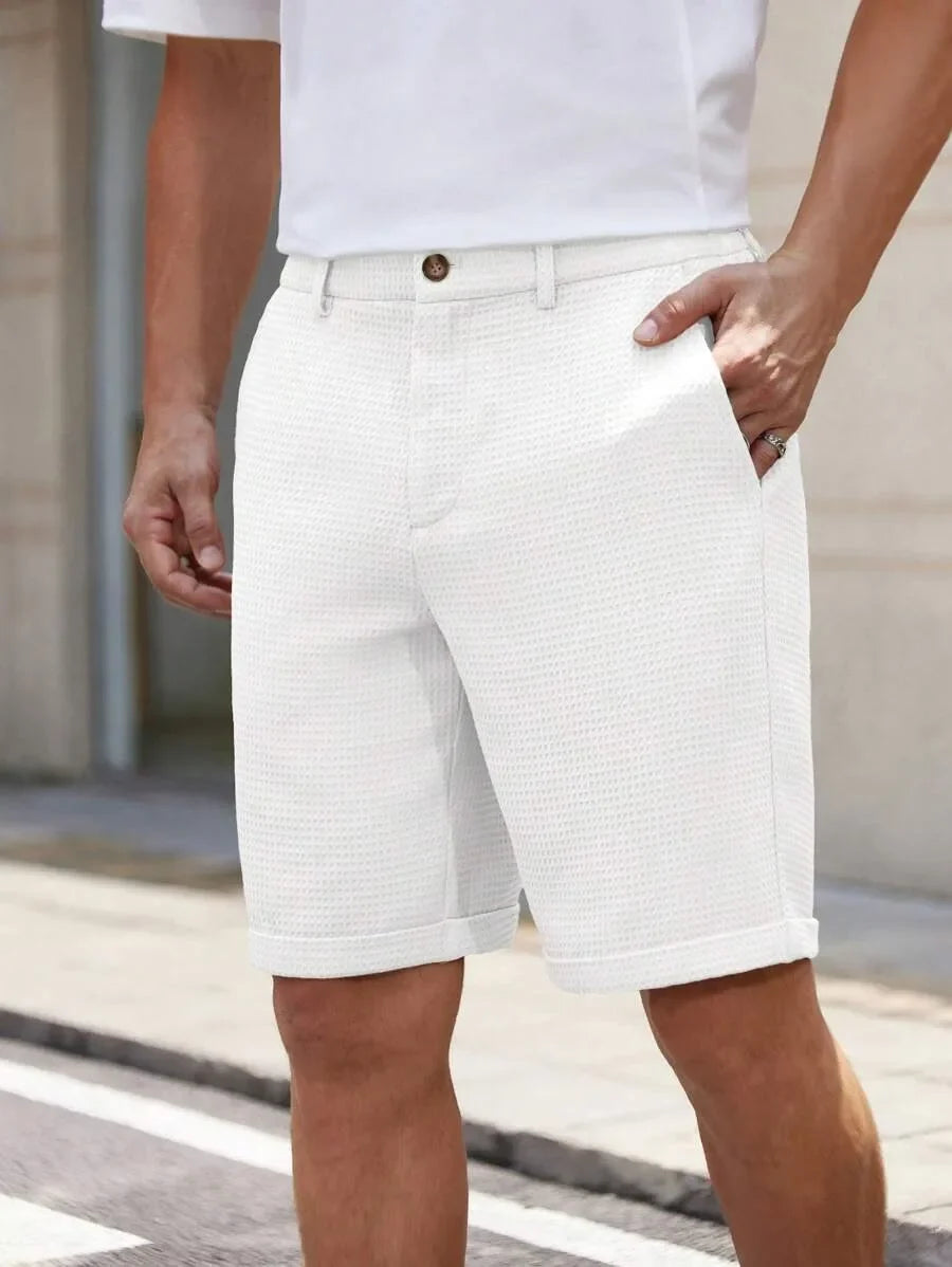 Men's Waffle Texture Slim Fit Shorts Solid Color Button Waist Summer Casual Outdoor Multi-Color Trousers