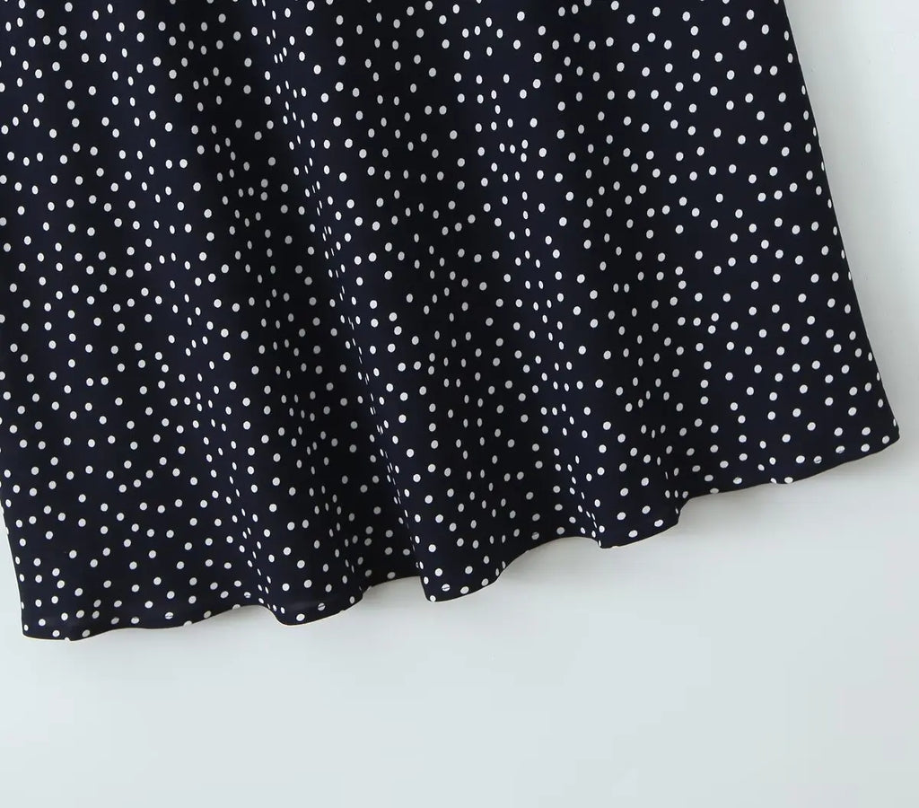 2025 Women Navy Blue Polka Dot Long Dress Lace Trim V Neck Short Sleeve A-line Elegant Holiday Dresses Summe Maxi Robe