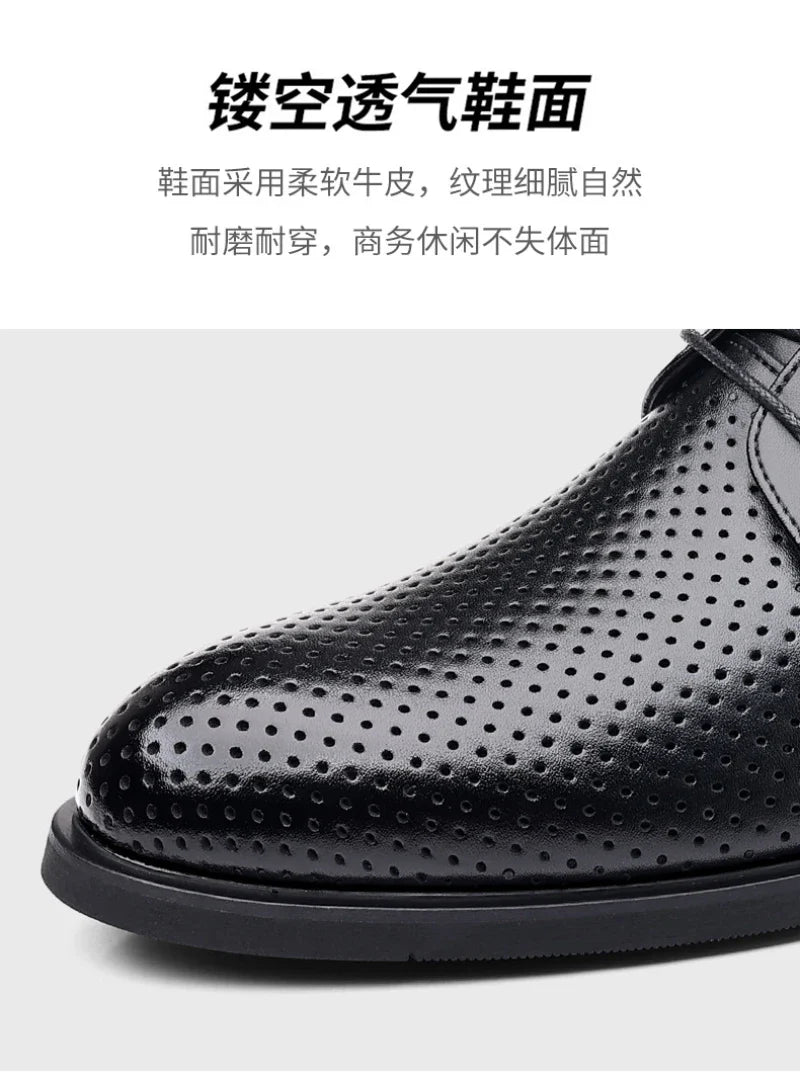 Mens Black Genuine Leather Perforated Metal Decor Lace Up Formal Business Office Breathable Summer Shoes Hollow Stylish Simple