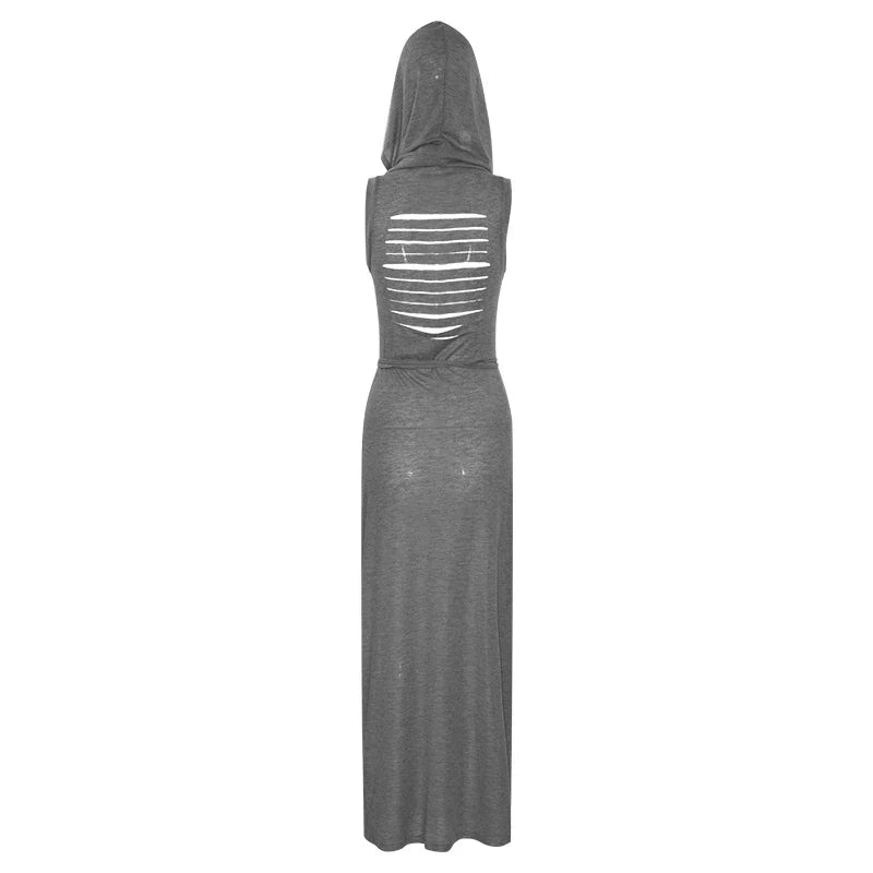Summer 2023 Sexy European And American Style Sleeveless Hooded Dress Long Split Hollow out Pure Color Women's Gown