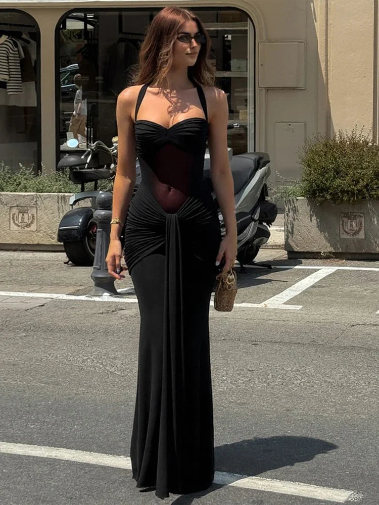 Halter Mesh Patchwork Dress Women Summer Trend Off Shoulder Backless Ruched Ribbon Midnight Prom Party Hipster Vestidos