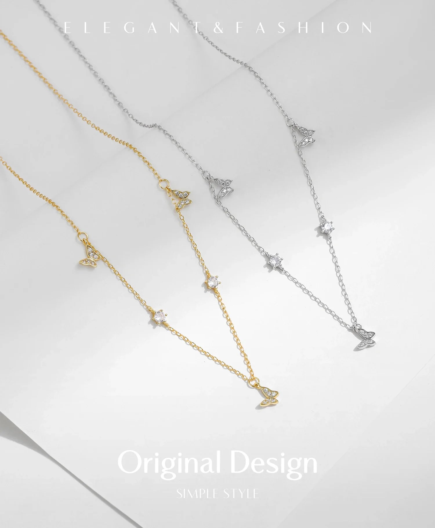 Flying Butterfly CZ Necklace 925 Sterling Silver Simple Link Chain Charms White Gold Plated Necklaces For Women Jewelry