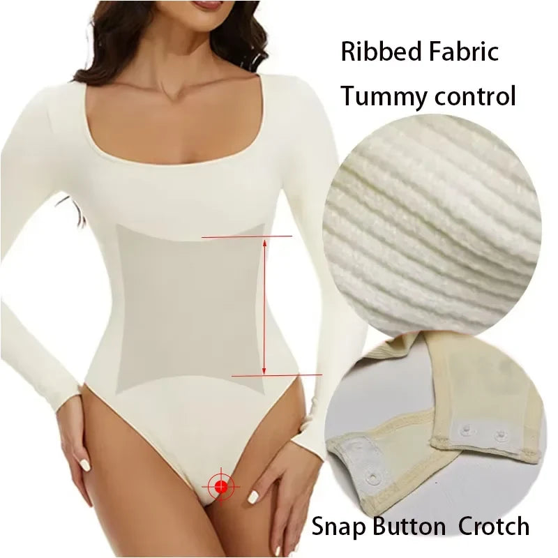 GUUDIA Open Crotch Big U Neck Seamless Bodysuit Long Sleeve Spandex Elastic Body Suit Shapewear Tummy Control Waist Shapers