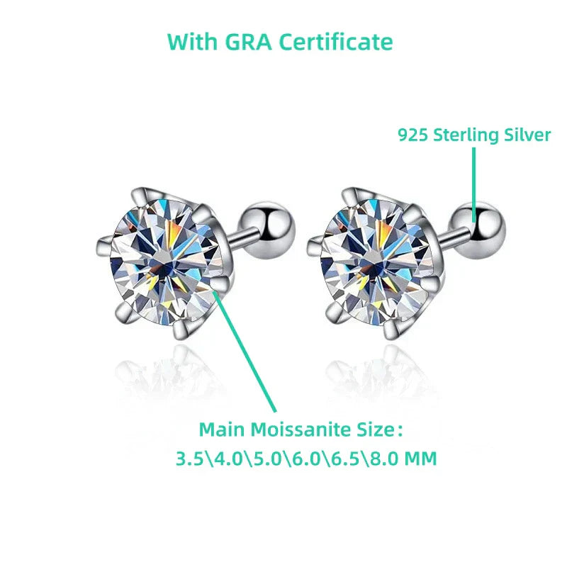 TY 0.3-2CT Moissanite Earrings 925 Sterling Silver Round Cut Stud Earrings Piercing Earrings for Men and Women Fine Jewelry