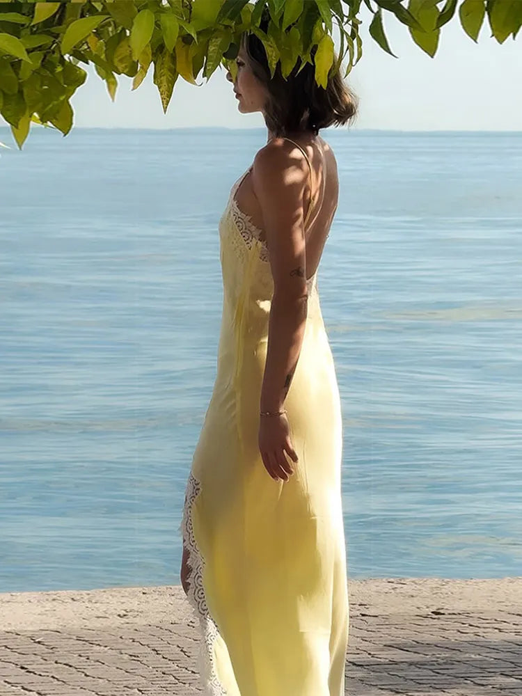 Yellow V Neck Satin Lace Patchwork Maxi Dress Chic Spaghetti Strap Backless Slip Robe 2026 Summer New Lady Beach Holiday Vestido