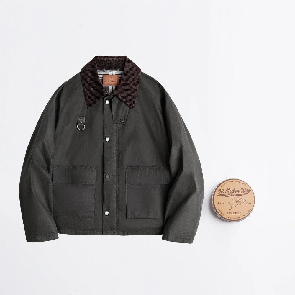 Vintage Spey Waxed Fishing Jacket Distressed Outdoor Corduroy Collar with Pockets Coat for Men's Autumn Classic Overcaot