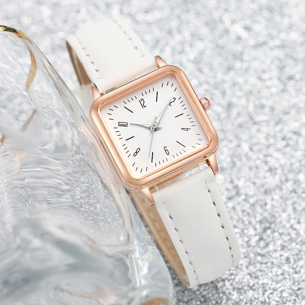 6PCs/Set Women's Fashion Watch Square Simple Dial Leather Quartz Watch with Love Bracelet Set