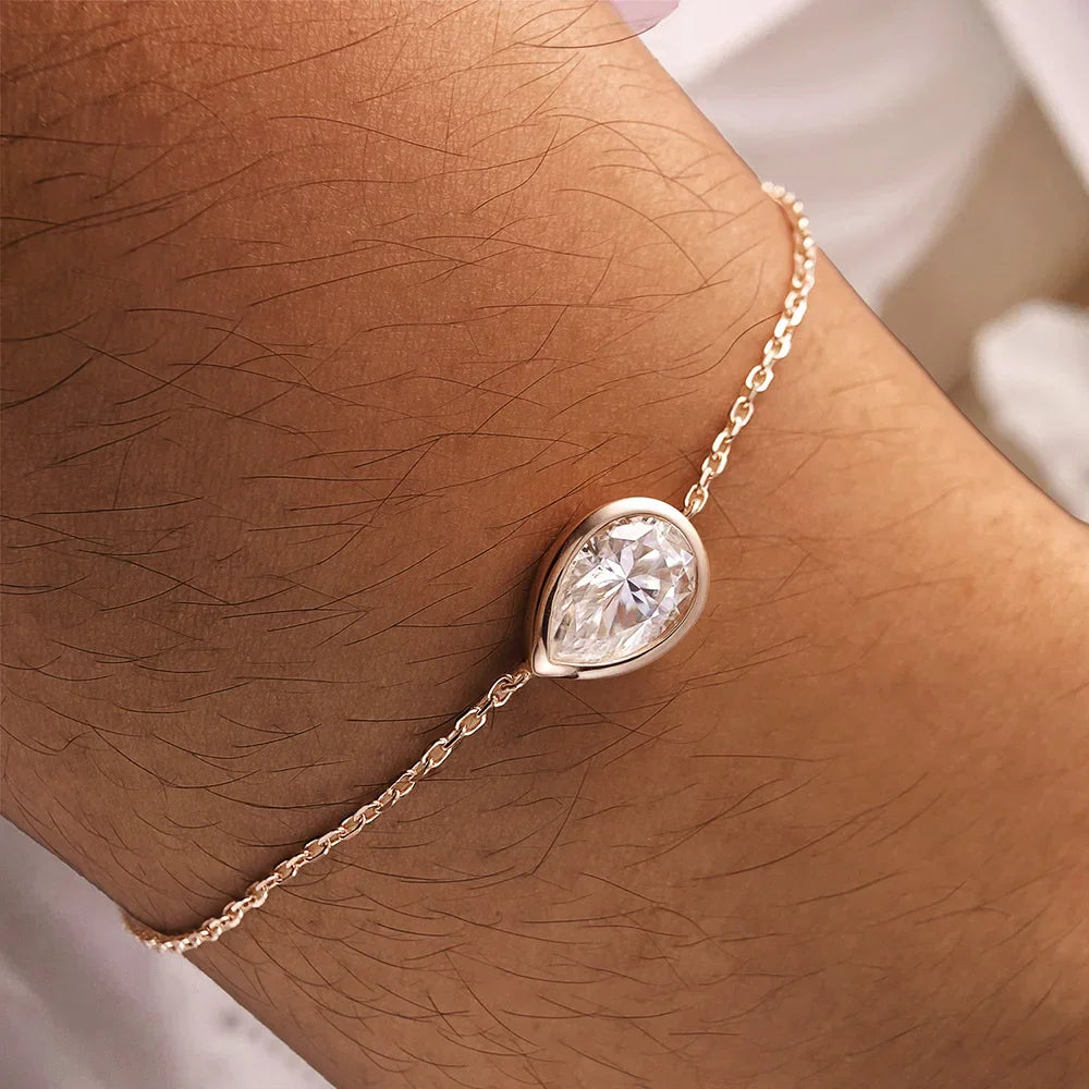 1/2CT Marquise Pear Cut Moissanite Solitaire Link Bracelet Women s925 Silver Bezel Setting Lab Diamond Bridal Wrist Chain