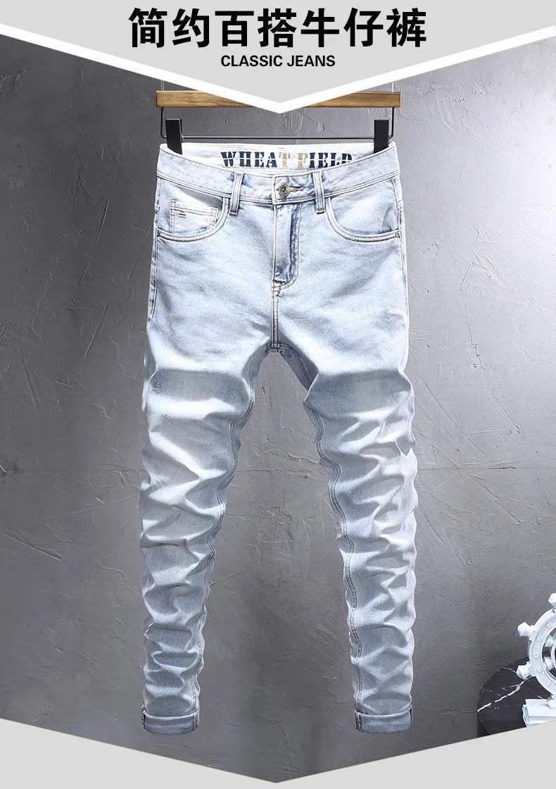 Spring and Autumn New Fashion Trend Solid Color Straight Stretch Denim Pants Men Slim Breathable High Quality Small Foot Pants