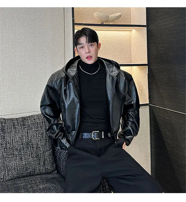 Spring Autumn Short Waterproof Black Pu Leather Jacket Men Hood Zipper High Waist Loose Casual Korean Fashion 2025