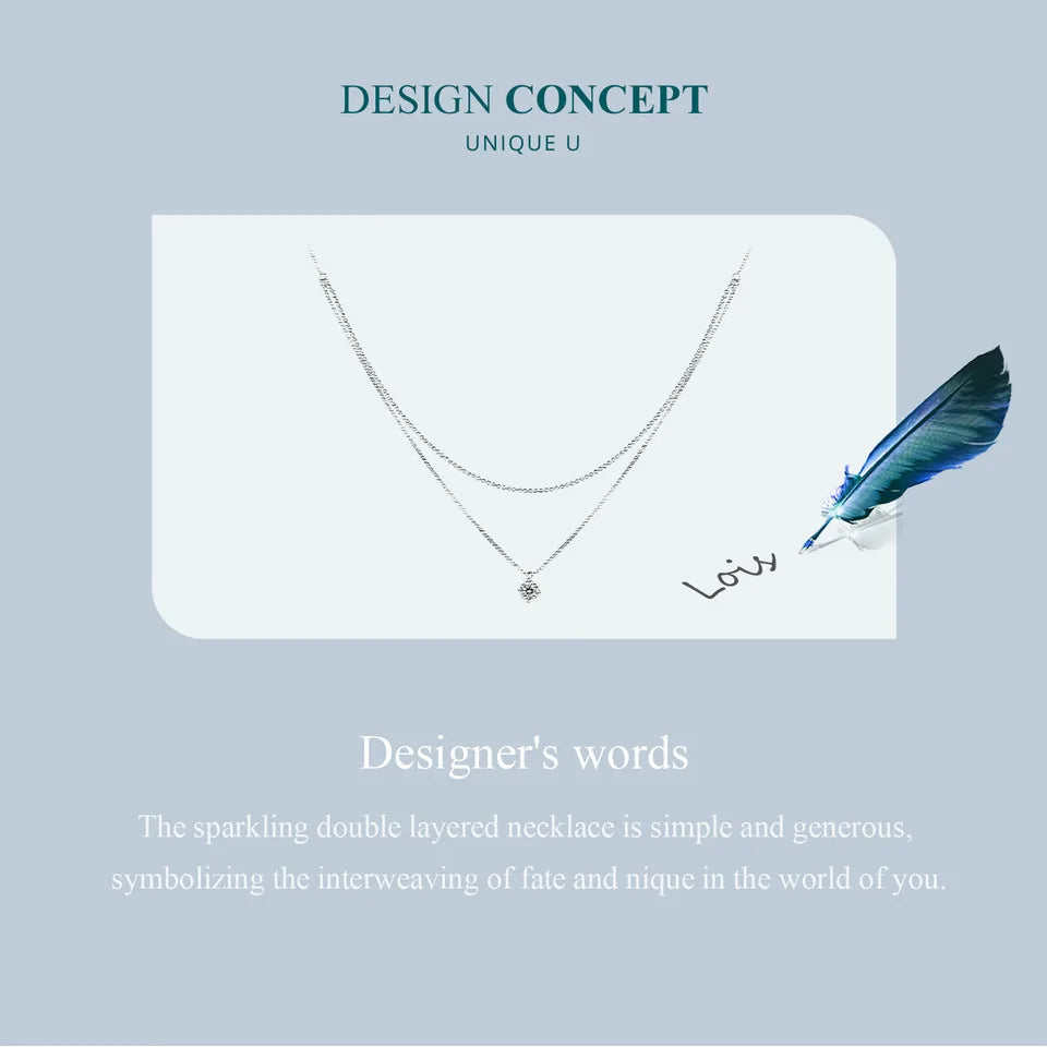 925 Sterling Silver Shining Zircon Pendant Necklace Double Layer Neck Chain for Women Engagement Wedding Fine Jewelry