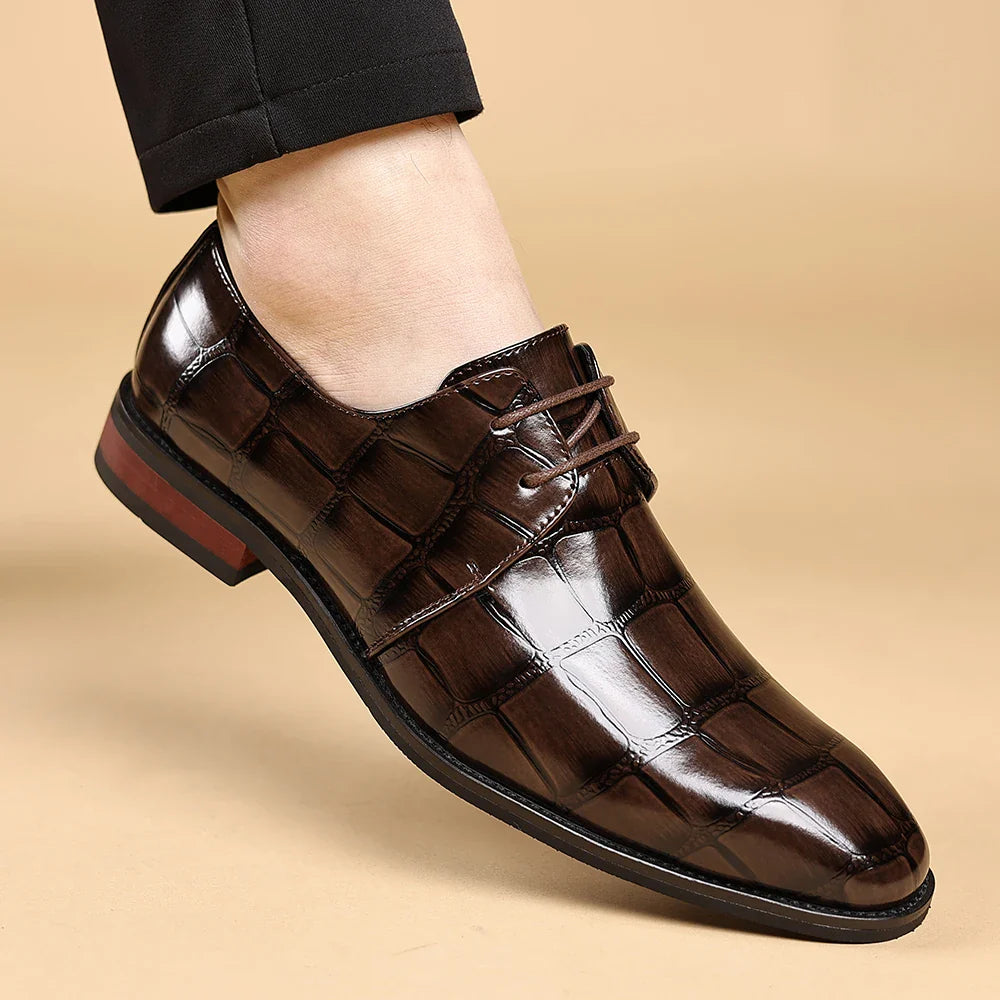 Fashionable Crocodile Print Men's Solid Color Leather Oxford Shoe Formal Business Lace -Up Office Shoe Comfortable Wedding  Shoe