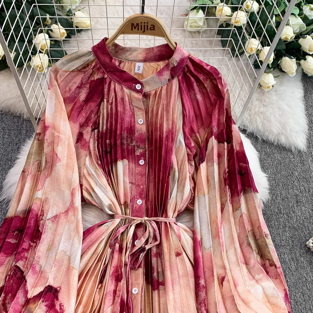Printed round Ne Lantern Sve Dr Women's Single Button Waist Cinch Maxi Skirt Long Dr Commute Sle Autumn