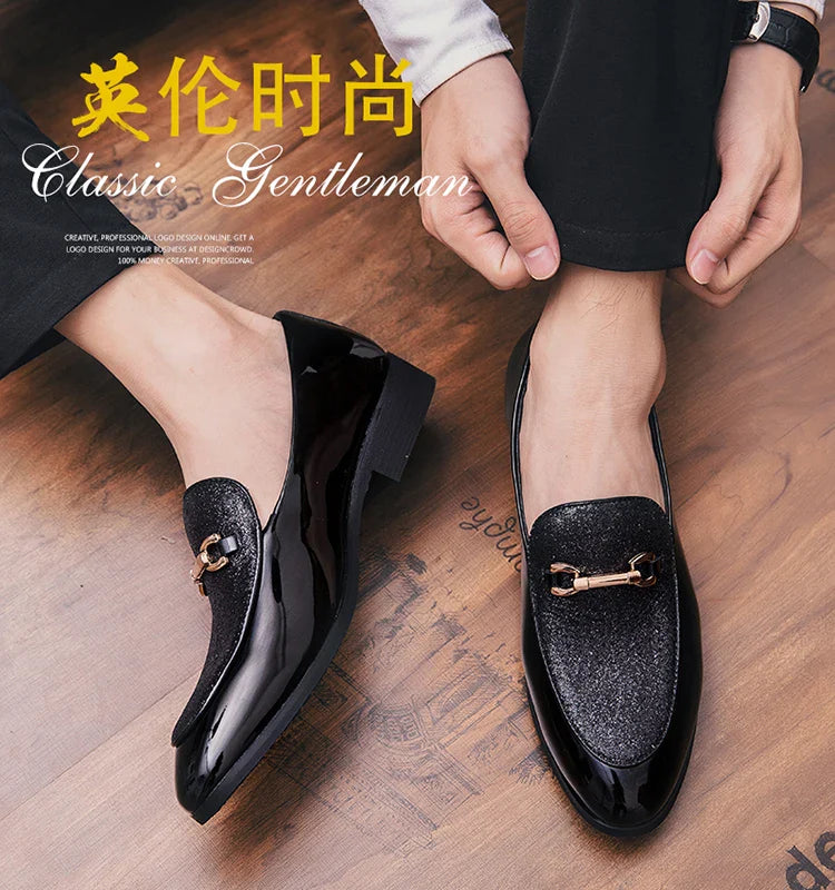VIPOL Men's pointed suede formal shoes, retro new patchwork loafers mixed with slipper shoes, wedding dress leather shoes